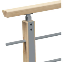 Treppengeländerpfosten aus Holz mit Metallstreben und Handlauf als Verbindungselement für ein Geländersystem