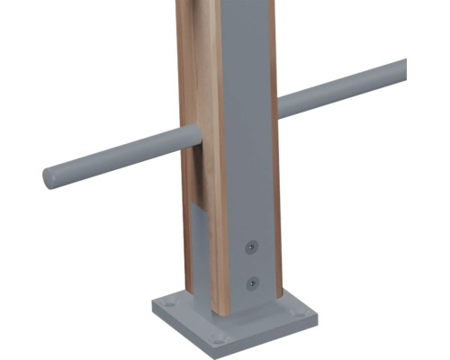 Poteau en bois avec support de poteau en métal et tube rond traversant pour garde-corps extérieur