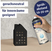 Belton Aqua Sprühlack zum Lackieren eines Deko Hauses mit Anwendungshinweisen zu Sprühabstand und Eignung für Innenräume.