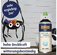 Eine Spraydose Belton Aqua Colours Tiefschwarz seidenglanz neben einer selbstgemachten Spinnendekoration aus einer Schale mit Süßigkeiten.