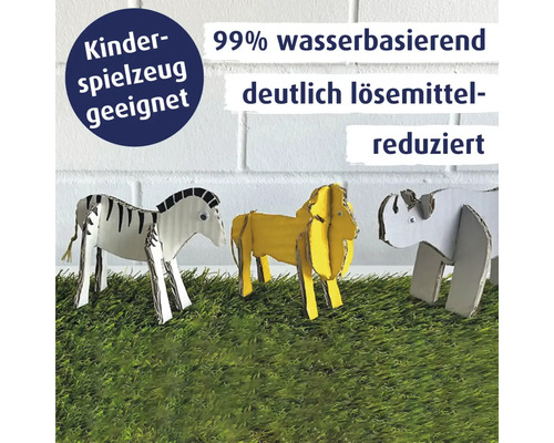 Drei bemalte Tierfiguren aus Karton auf Kunstrasen mit Hinweis auf Eignung für Kinderspielzeug und wasserbasierte lösemittelreduzierte Rezeptur.
