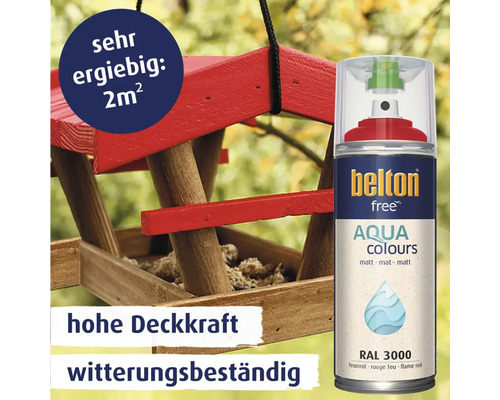 Belton Free Aqua Colours Lackspray in Feuerrot RAL 3000 für witterungsbeständige Anstriche, sehr ergiebig mit hoher Deckkraft.