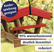 Ein hängendes Vogelhaus aus Holz mit Informationen zur Eignung für Kinderspielzeug und reduziertem Lösungsmittelgehalt.
