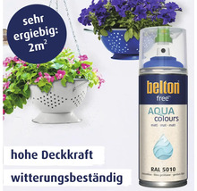 Belton Free Aqua Colours Sprühlack in Enzianblau für 2 Quadratmeter, witterungsbeständiger matter Lack mit hoher Deckkraft.