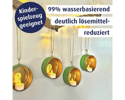 Dekorative Adventstürchen aus Dosen mit Kerzenlicht und Hinweis auf Kinderspielzeug Eignung sowie wasserbasierte lösemittelreduzierte Rezeptur
