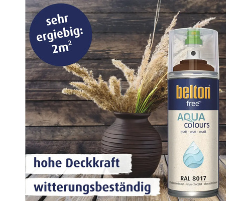 Belton Free Aqua Colours Sprühlack in Schokoladenbraun matt für witterungsbeständige Lackierungen mit hoher Deckkraft.