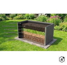 Un carré potager surélevé en plastique dans un jardin, illustrant les couches de terre, feuilles, bois déchiqueté, film alvéolé et grille. (Image AI modified or generated)
