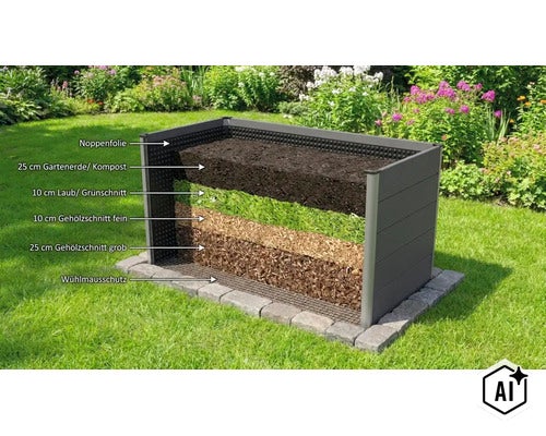 Un carré potager surélevé en plastique dans un jardin, illustrant les couches de terre, feuilles, bois déchiqueté, film alvéolé et grille. (Image AI modified or generated)