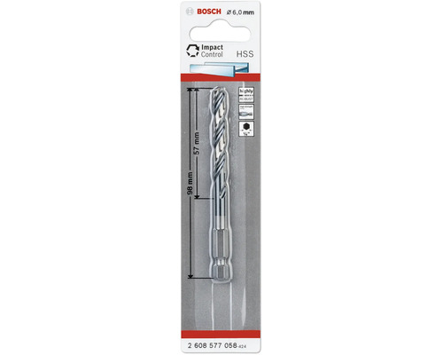 Foret à métaux HSS Bosch Impact Control avec diamètre de 6,0 millimètres et tige hexagonale de 1/4 pouce sous blister.