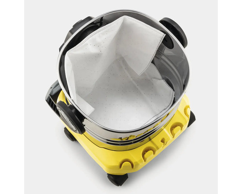 Aspirateur multifonction avec sac filtre en non-tissé inséré dans la cuve en acier inoxydable vu du dessus