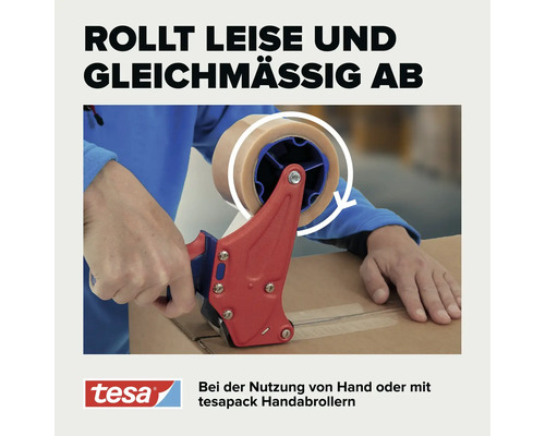 Tesa Handabroller für Klebeband bei der Anwendung auf einem Karton mit leisem und gleichmäßigem Abrollverhalten.