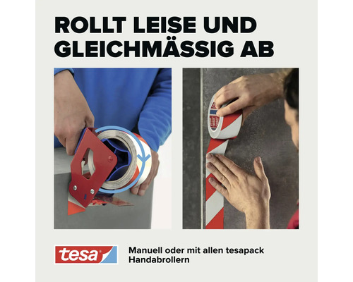 Tesa Paketband in Anwendung mit Handabroller und manueller Verarbeitung