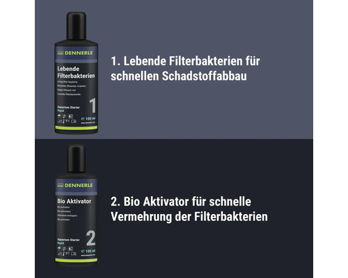 Set Dennerle Aquarium Starter Rapid avec bactéries filtrantes vivantes et bio activateur pour démarrage rapide de aquarium, 2 fois 100 millilitres.