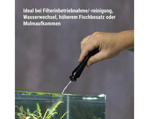 Main humaine dosant un activateur bactérien dans un aquarium pour maintenir la qualité de l'eau lors du nettoyage du filtre.