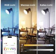 Drei Ansichten einer smarten Stehleuchte mit einstellbarer RGB Farbe sowie warmem und kaltem Weisslicht, gesteuert über eine Smartphone App.