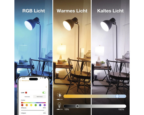 Drei Ansichten einer smarten Stehleuchte mit einstellbarer RGB Farbe sowie warmem und kaltem Weisslicht, gesteuert über eine Smartphone App.