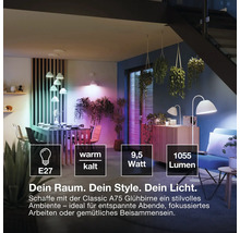 Wohnzimmer mit moderner Beleuchtung durch Classic A75 LED Lampe mit E27 Sockel, 9,5 Watt und 1055 Lumen mit einstellbarer Farbtemperatur.