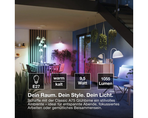 Wohnzimmer mit moderner Beleuchtung durch Classic A75 LED Lampe mit E27 Sockel, 9,5 Watt und 1055 Lumen mit einstellbarer Farbtemperatur.