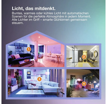 Infografik zeigt smarte Beleuchtung in Wohnbereich, Badezimmer, Küche und Esszimmer mit vier nummerierten Anwendungsbeispielen für Heimautomation.