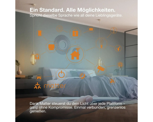 Infographie sur le standard domotique Matter avec des appareils connectés dans une chambre moderne pour contrôler l'éclairage et la domotique.