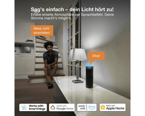 Un homme assis dans un escalier contrôle l'éclairage du salon par commande vocale via une enceinte intelligente.