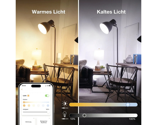 Comparaison entre une lumière chaude et froide d'un lampadaire contrôlable via une application smartphone pour la température et la luminosité.