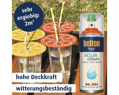 Belton Free Aqua Colours Sprühlack RAL 2004 Reinorange, hochglänzend, für innen und außen, sehr ergiebig, hohe Deckkraft und witterungsbeständig.