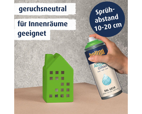 Eine Hand sprüht eine grüne Spraydose der Marke Belton auf ein kleines Hausobjekt mit Informationen zu Sprühabstand und Geruchsneutralität.