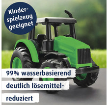 Spielzeugtraktor als Symbol für wasserbasierenden Lack, geeignet für Kinderspielzeug, lösemittelreduziert.