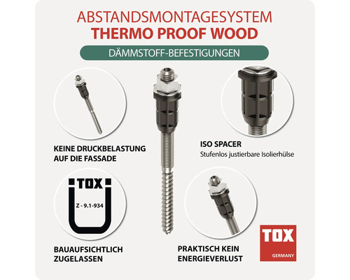 Système de montage à distance Thermo Proof Wood de TOX pour fixations isolantes avec manchon isolant réglable pour montage sans pression.