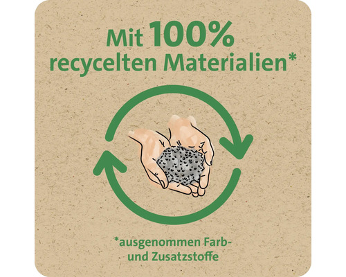 Symbol für Produkte hergestellt aus hundert Prozent recycelten Materialien, ausgenommen Farben und Zusatzstoffe.