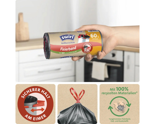 Une main tient un rouleau de sacs poubelle Swirl avec lien de serrage pour poubelles de 60 litres, fabriqués à partir de matériaux recyclés.
