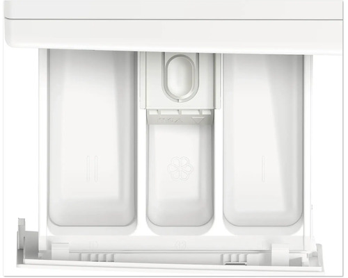 Tiroir à lessive ouvert d'une machine à laver avec trois compartiments pour le lavage principal, l'adoucissant et le prélavage.