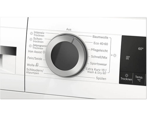 Sélecteur de programme d'un lave-linge avec divers programmes de lavage et de séchage ainsi qu'un affichage numérique.