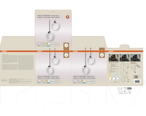 Verpackung der Osram Circle Pendant LED Hängeleuchte mit einstellbarer Lichtfarbe und Textilkabel.