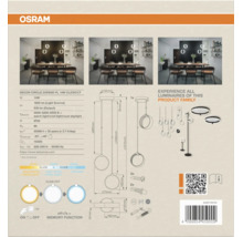 Technische Produktverpackung der Osram Decor Circle Pendelleuchte mit Maßzeichnung, Lichtspezifikationen und Anwendungsbeispielen.