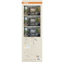 Osram Decor Circle Pendelleuchte in einem modern eingerichteten Wohnzimmer mit verstellbarer Lichtfarbe und technischem Datenblatt.