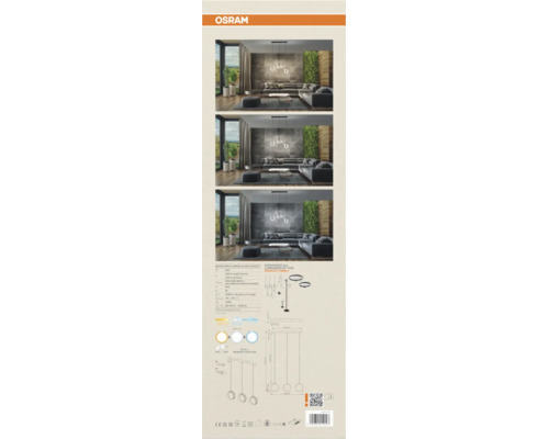 Osram Decor Circle Pendelleuchte in einem modern eingerichteten Wohnzimmer mit verstellbarer Lichtfarbe und technischem Datenblatt.