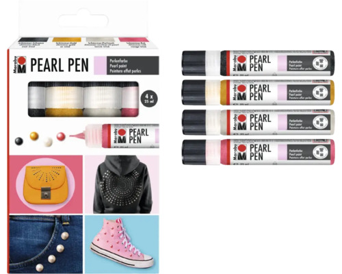 Marabu Pearl Pen Set mit 4 Perlenstiften zu je 25 Milliliter für kreative Textilverzierungen und Dekorationen.