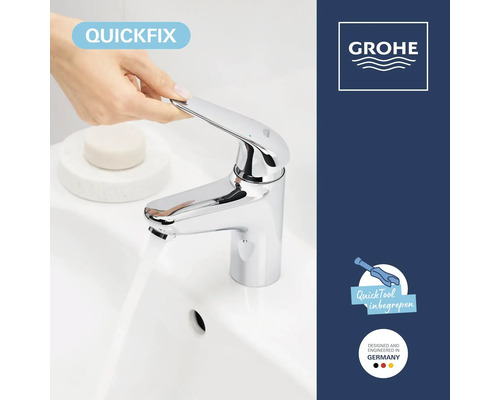 Grohe Waschtischarmatur QuickFix mit Einhandmischer, aus Metall, mit mitgeliefertem Montagewerkzeug, Grohe Logo, Designed and Engineered in Germany
