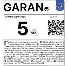 Carte de garantie de Paulmann Licht GmbH avec une durée de 5 ans pour le produit portant le numéro d article 97474 incluant un code QR.