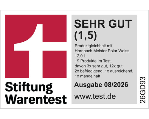 Label de qualité Stiftung Warentest Très Bien pour peinture murale Hornbach Meister Polar Weiss
