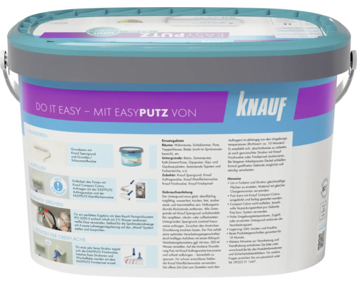 Enduit de structure Knauf Easyputz en seau pour murs et plafonds avec instructions d utilisation et conseils de mise en œuvre sur l emballage.