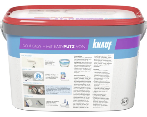 Knauf EasyPutz 1 Millimeter Fein im Eimer für Innenwände, Rollputz für dekorative Oberflächengestaltung mit Anwendungshinweisen.