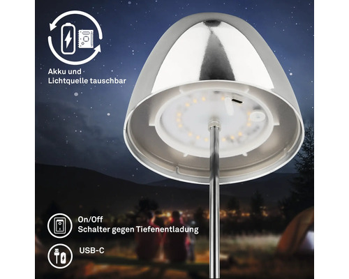 LED Tischleuchte mit tauschbarem Akku und Leuchtmittel, inklusive Ein Aus Schalter gegen Tiefentladung und USB C Ladeanschluss.