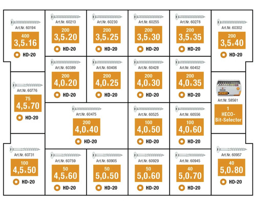 Aperçu de différentes vis Heco de diverses tailles et un ensemble d embouts dans une présentation ordonnée.
