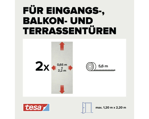Moustiquaire Tesa pour portes d entrée, de balcon et de terrasse avec deux panneaux de 0,65 mètre sur 2,20 mètres et 5,6 mètres de ruban.