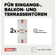 Tesa Insektenschutz für Eingangs-, Balkon- und Terrassentüren mit zwei Gewebebahnen je 0,65 Meter mal 2,20 Meter und 5,6 Meter Befestigungsband.