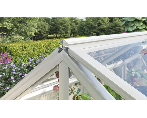Vue détaillée du profilé de faîtage en aluminium d une serre avec raccord d angle dans le jardin.