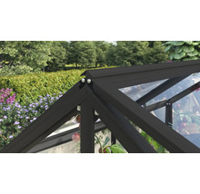Vue détaillée du faîte d'une serre avec cadre en aluminium foncé et vitrage transparent devant un jardin.